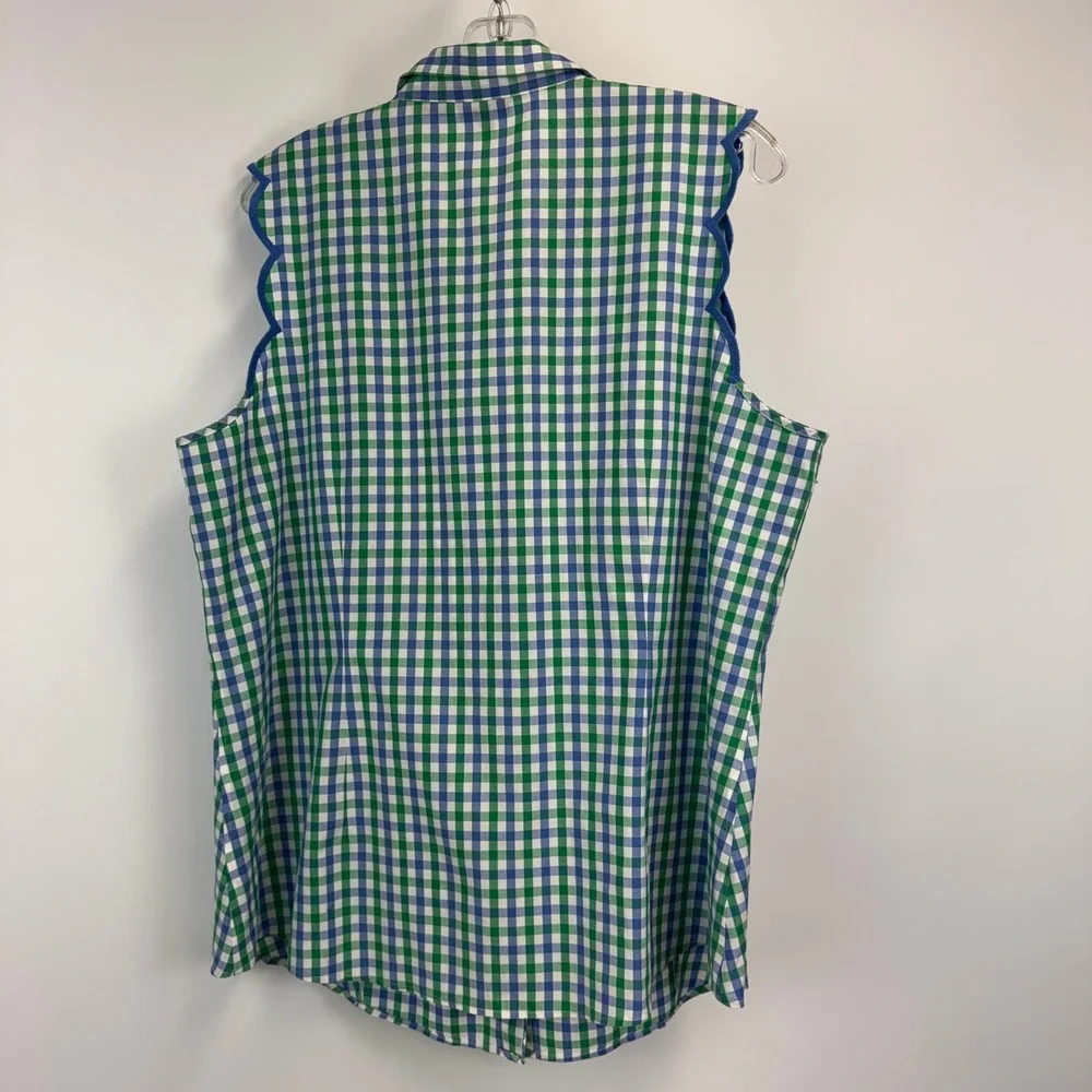 Talbots Womens 18 Gingham Sleeveless Button Down Shirt Scallop Trim Green Blue - Picture 11 of 13